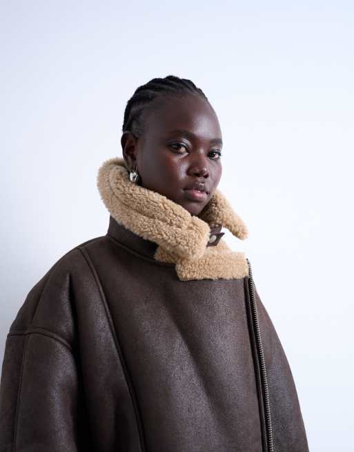 Topshop - Chokoladebrun oversized aviator-jakke med for i imiteret lammeskind, 4 af 4