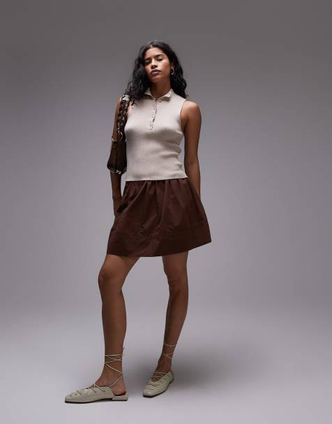 Topshop - Chokoladebrun poplin-mininederdel - view 1