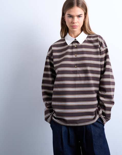 Topshop - Chokoladebrun rugby-polotop med lange ærmer og striber - view 1
