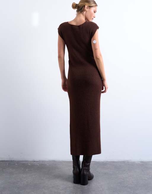 Topshop - Chokoladebrun strikket asymmetrisk kjole med flæser og knapper, 2 af 4