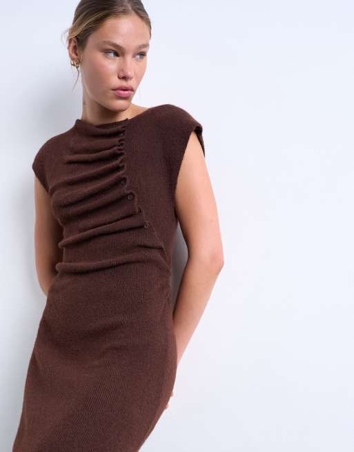 Topshop - Chokoladebrun strikket asymmetrisk kjole med flæser og knapper, 3 af 4