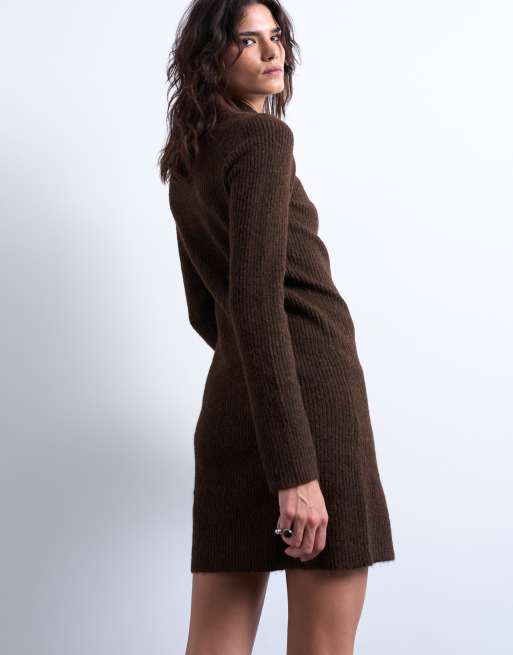 Topshop - Chokoladebrun strikket minikjole med rund hals og knapper, 3 af 4