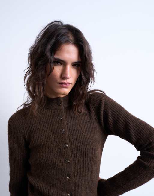 Topshop - Chokoladebrun strikket minikjole med rund hals og knapper, 4 af 4