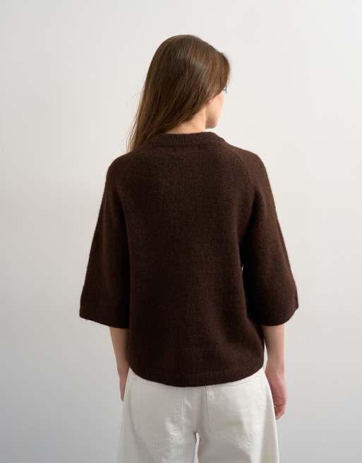 Topshop - Chokoladebrun strikket T-shirt med halve ærmer , 3 af 4