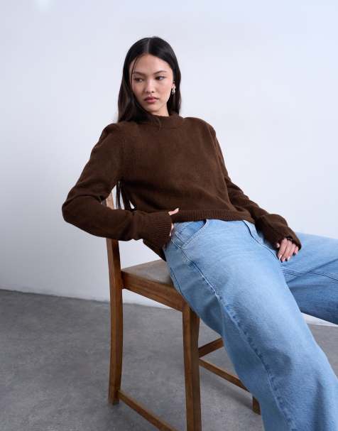 Topshop - Chokoladebrun strikket top med høj ryg og udskæringer samt skulderpuder - view 1