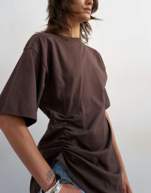 Topshop - Chokoladebrun T-shirt med rynker i siden, 4 af 4