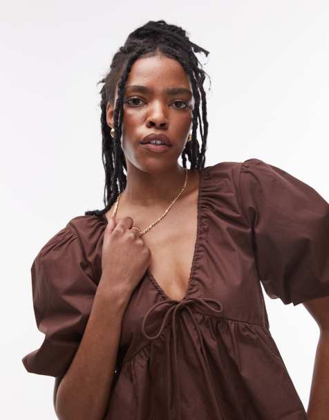 Topshop - Chokoladebrun top med pufærmer i poplin - view 1