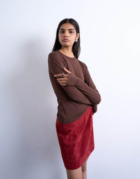 Topshop - Chokoladebrun top med rund hals og lange ærmer i superfint stof - view 1