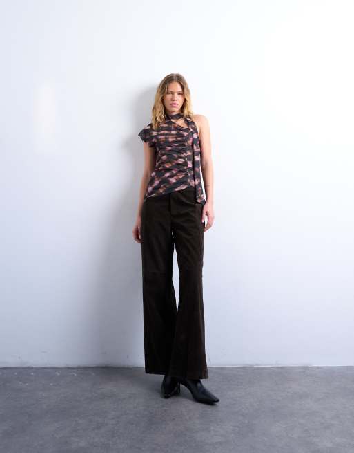 Topshop - Chokoladebrun top med rynker, tørklædedetalje, asymmetrisk kant og tern, 3 af 4