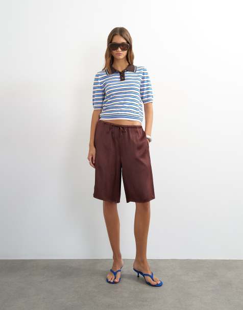 Topshop - Chokoladebrune longline-bermudashorts i satin - view 1