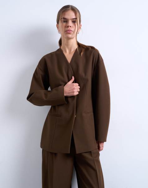 Topshop - Chokoladefarvet blazer uden krave med ovale ærmer - Del af sæt - view 1