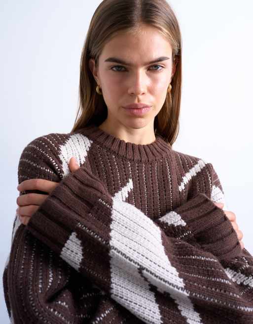 Topshop - Chokoladefarvet striktrøje med abstrakt print, 4 af 4