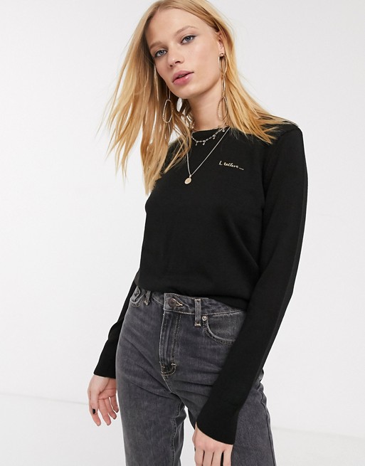 Topshop Christmas jumper with slogan in black