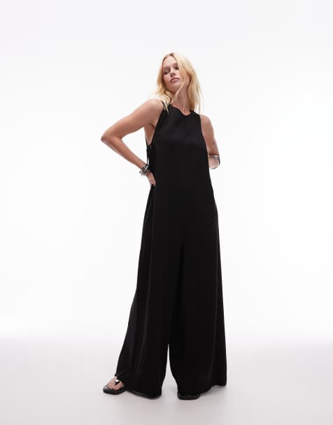 Topshop chuck-on boxy jumpsuit in black cupro - view 1
