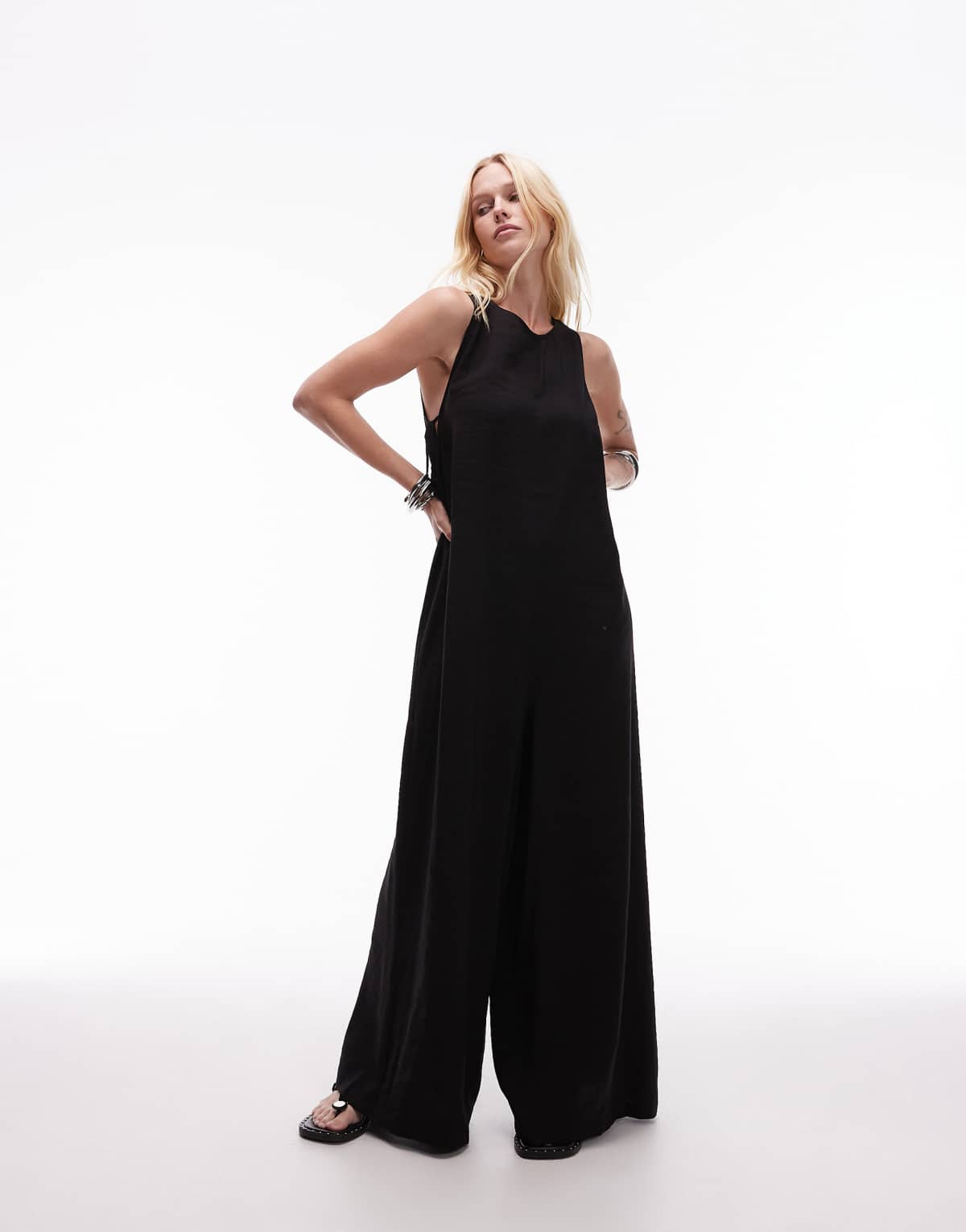 Topshop chuck on boxy jumpsuit in black cupro