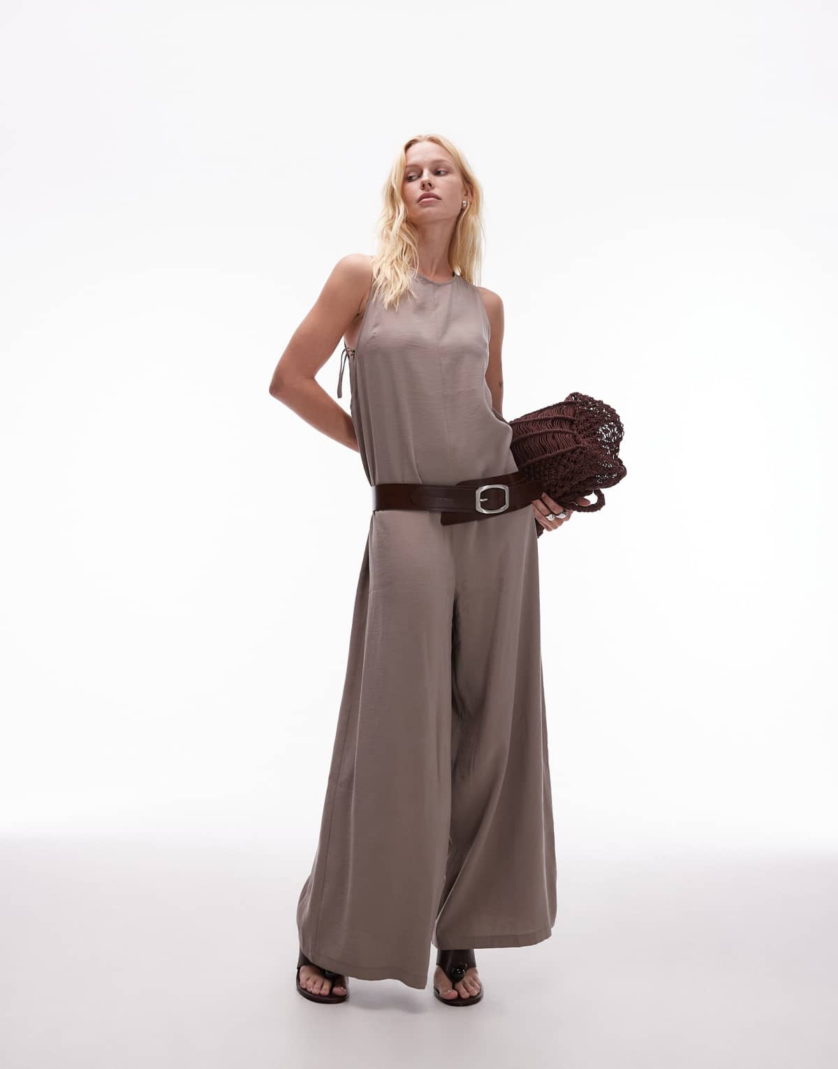 Topshop chuck on boxy jumpsuit in brown cupro