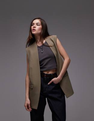 Topshop – Chuck On - Brun, ärmlös kavaj, del av set - view 1