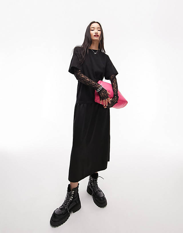 Topshop - chuck on midi t-shirt dress with lace sleeve in black