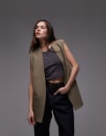 [Topshop] Topshop chuck on sleeveless blazer in mushroom (part of a set)-Brown 14 brown