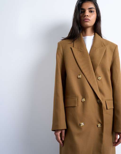 Topshop chuck on tailored 6 button formal coat in tan, 2 of 4