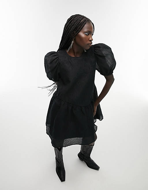 Topshop chuck on textured puff sleeve mini dress in black | ASOS