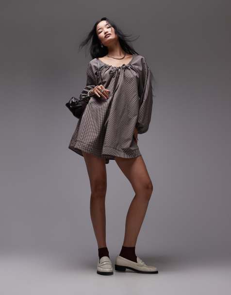 Topshop chuck on trapeze dress in brown plaid - view 1