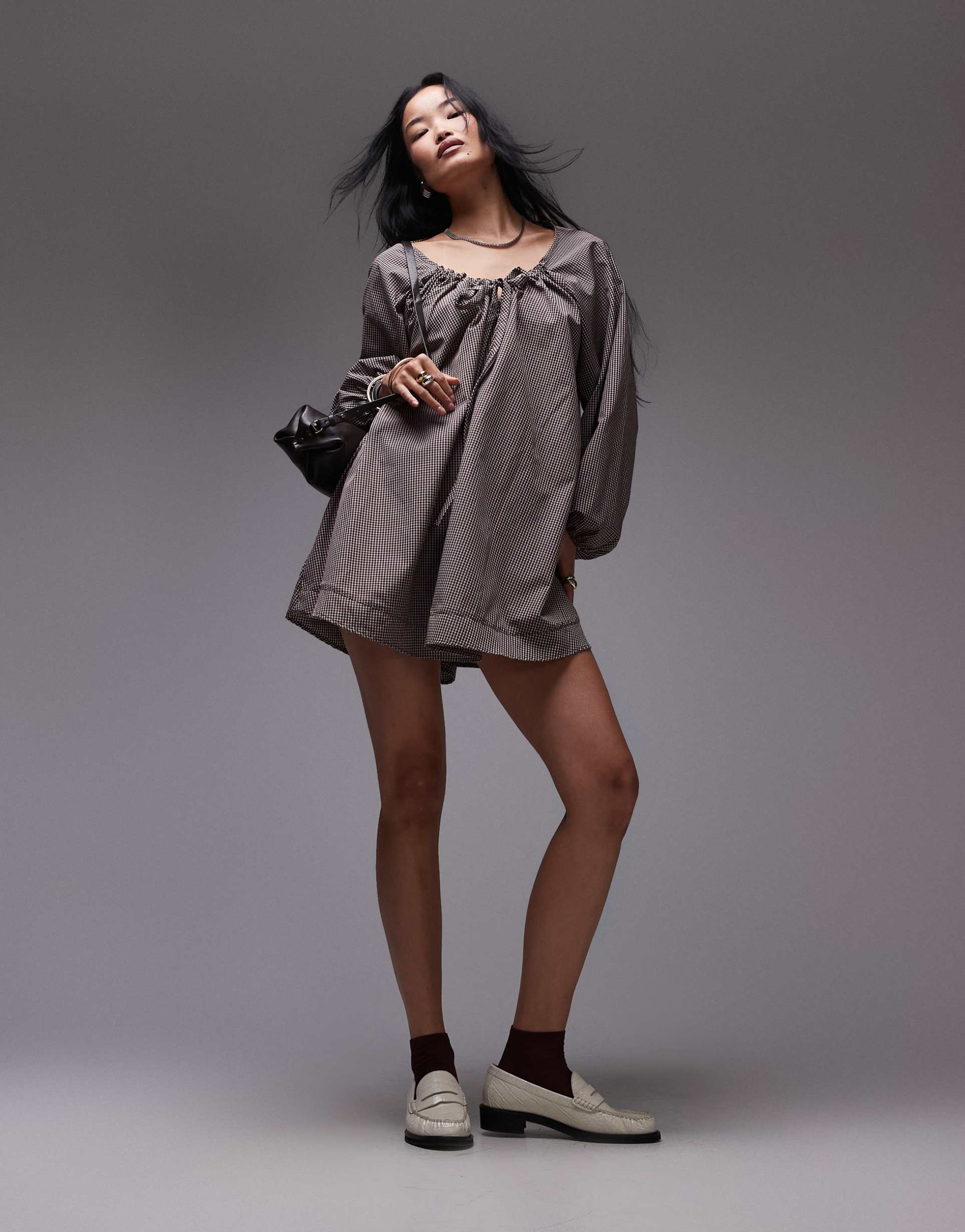topshop chuck on trapeze dress in brown plaid
