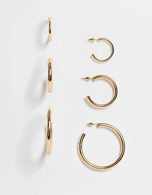 Topshop chunky 3 x multipack tube hoop earrings in gold