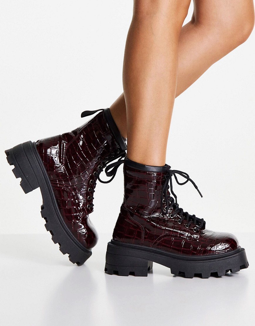 Topshop chunky biker boots in burgundy-Red