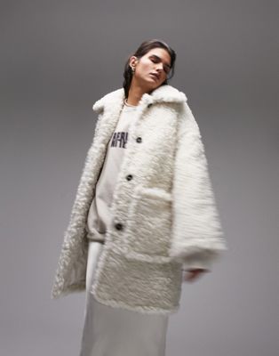 Topshop chunky borg coat in cream - ASOS Price Checker