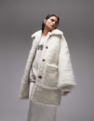 Topshop chunky borg coat in cream-White