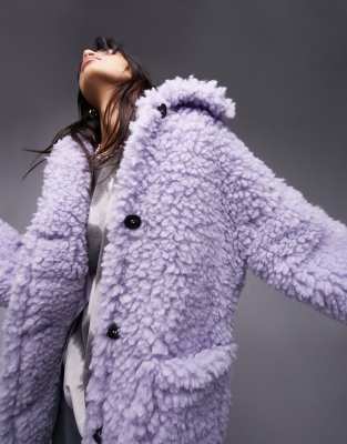 Topshop chunky borg coat in lilac-Purple