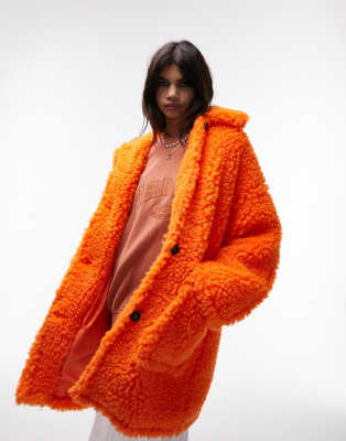 Topshop chunky borg coat in orange