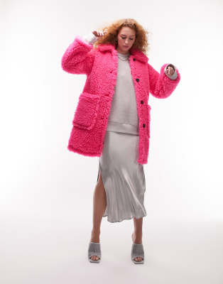 Topshop chunky borg coat in pink