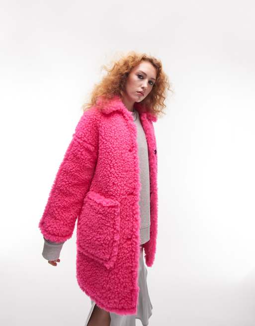 Topshop Chunky Borg Coat In Pink ASOS, 59% OFF