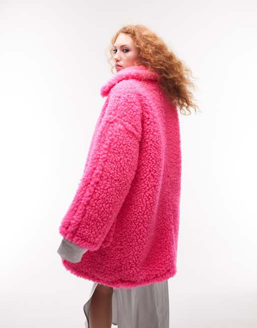 Topshop Chunky Borg Coat In Pink ASOS, 59% OFF