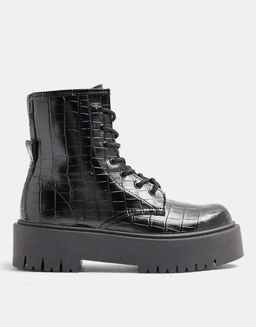 Topshop chunky croc patent boots in black