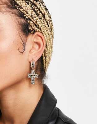 Topshop chunky cross drop hoop earrings in gold