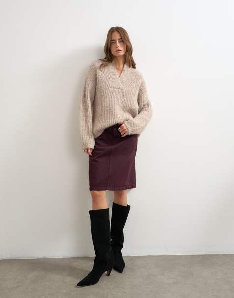 Topshop chunky gebreide trui met sjaalkraag in oat - view 1