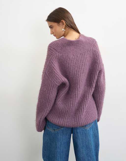 Topshop chunky knit shawl collar sweater in bruised purple, 3 of 4