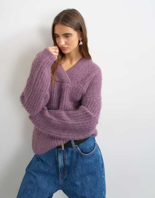 Topshop chunky knit shawl collar sweater in bruised purple, 4 of 4