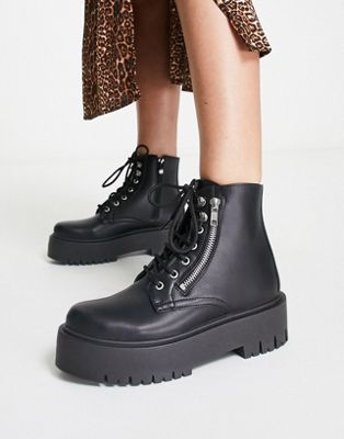 Topshop chunky lace up boots with zip detail in black