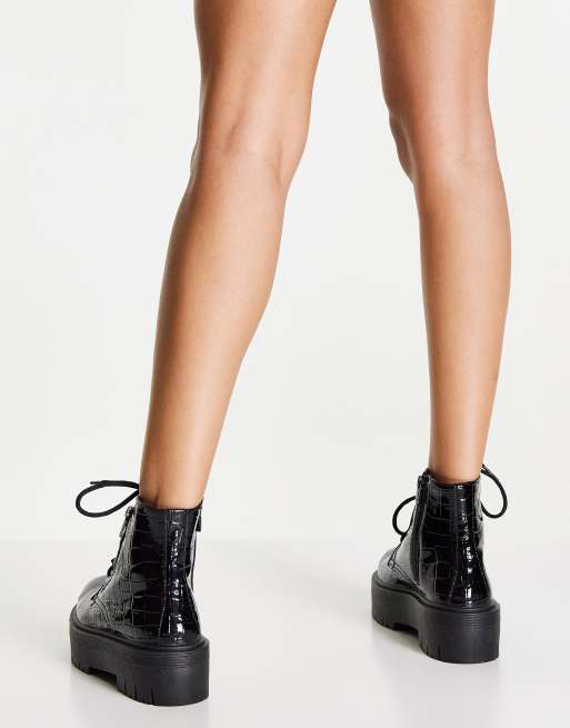 Topshop chunky lace up faux croc boots in black