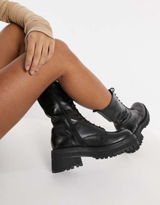 Topshop chunky mid calf lace-up boots in black