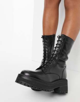 Topshop chunky mid calf lace-up boots in black