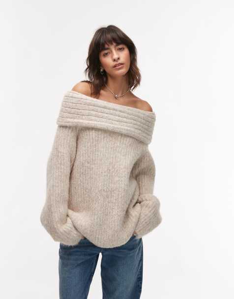 Topshop chunky off the shoulder oversized sweater in oat - view 1