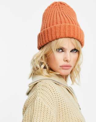 Topshop Chunky Rib Beanie In Orange - Orange