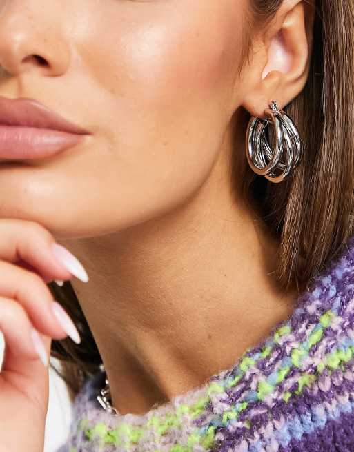 Topshop chunky triple hoop earrings in silver