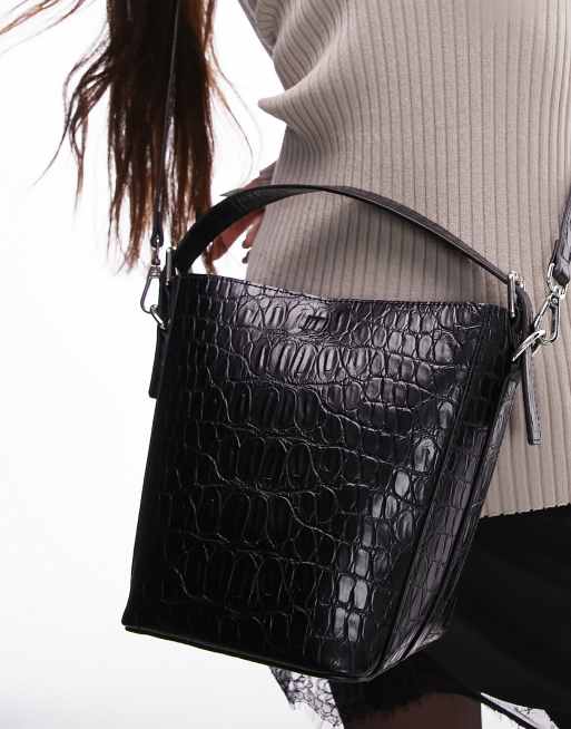 Topshop - Cia - Borsa a tracolla a secchiello nera effetto coccodrillo, 2 di 4