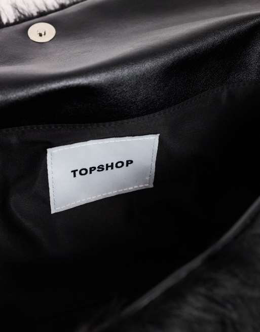 Topshop Ciara oversized folded faux fur structured clutch bag in black, 2 of 4
